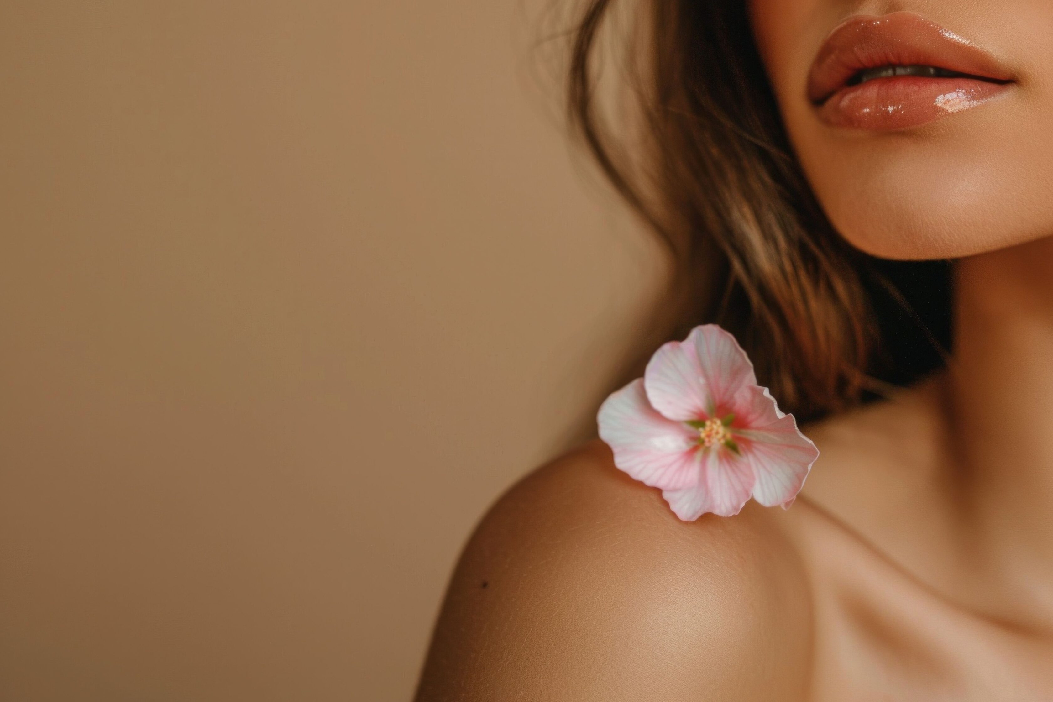 Close up of a woman s shoulder featuring a soft pink flower  The warm beige background complements her natural beauty and the gentle look in the image